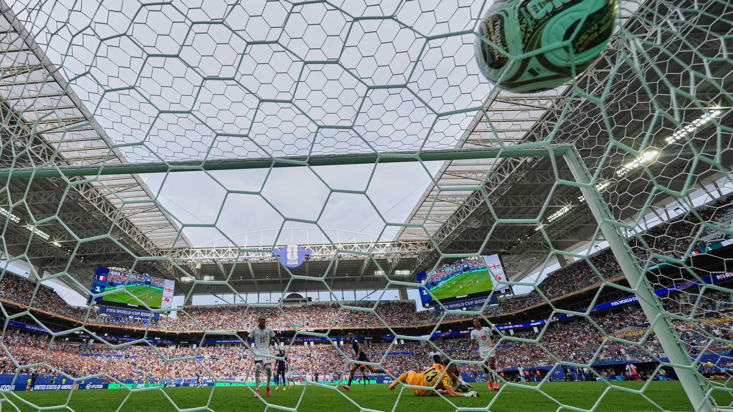 A goal being scored during the World Cup.